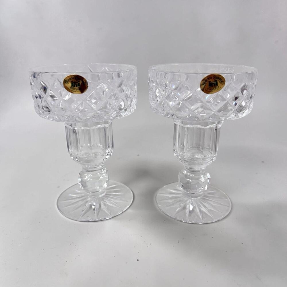 Waterford Tyrone Crystal Fintona Irish Crystal 2 Candlestick Holders Crisscross